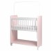 Mini Berço Compacto Portátil Para Bebê com Grade Movel Rodízio Colchão Suporte Mosquiteiro e Prateleira Rosa Branco