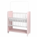 Mini Berço Compacto Portátil Para Bebê com Grade Movel Rodízio Colchão Suporte Mosquiteiro e Prateleira Rosa Branco